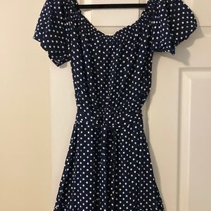 Navy Blue Polka Dot Off the Shoulder Maxi Dress